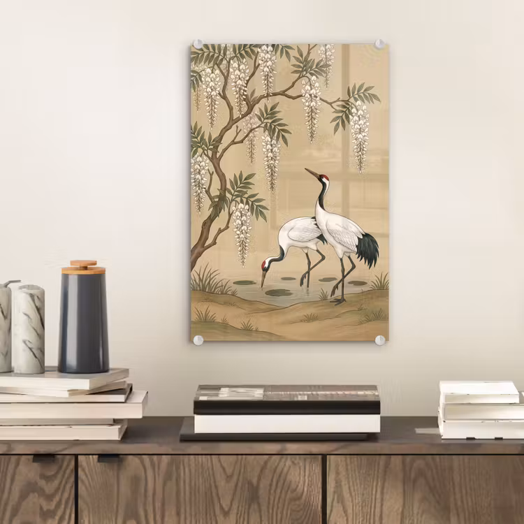 Glas schilderij - Kraanvogels - Water - Beige — 2