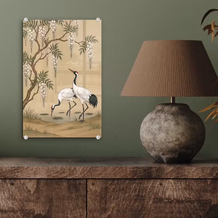 Glas schilderij - Kraanvogels - Water - Beige — 4