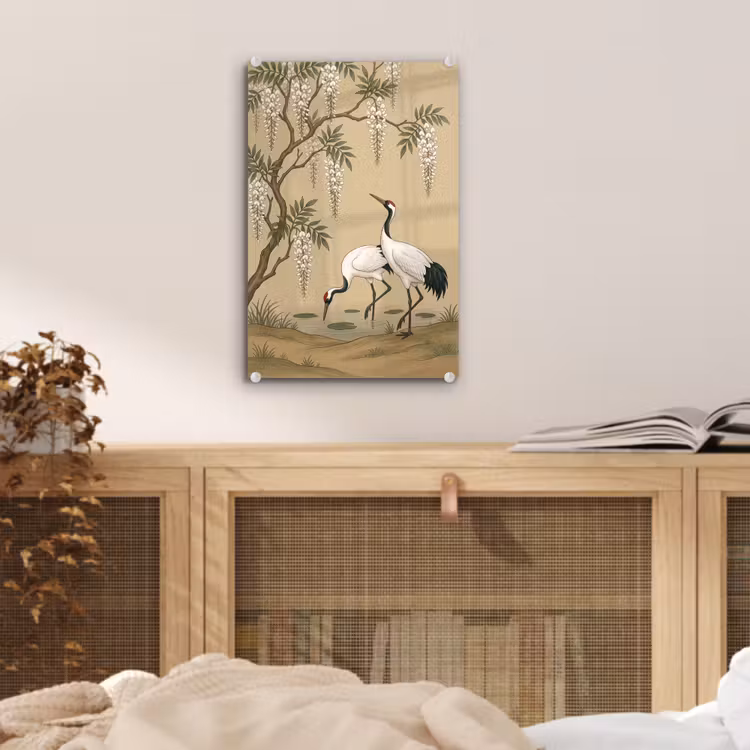Glas schilderij - Kraanvogels - Water - Beige — 5