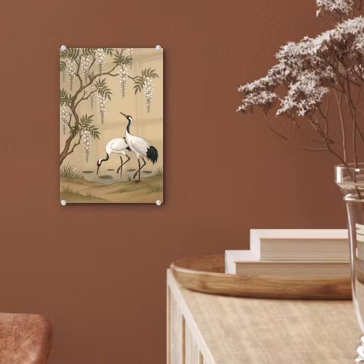 Glas schilderij - Kraanvogels - Water - Beige — 6