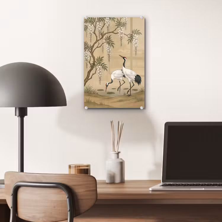 Glas schilderij - Kraanvogels - Water - Beige — 7