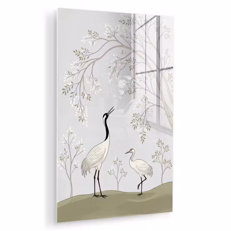 Glas schilderij - Minimalistisch - Kraanvogels - Blauw — 1