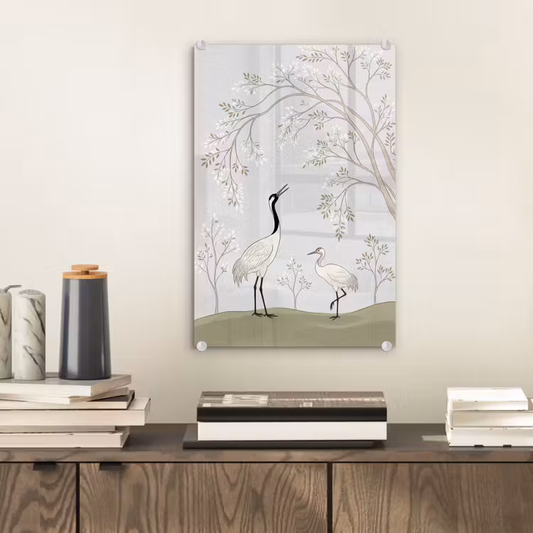 Glas schilderij - Minimalistisch - Kraanvogels - Blauw — 2