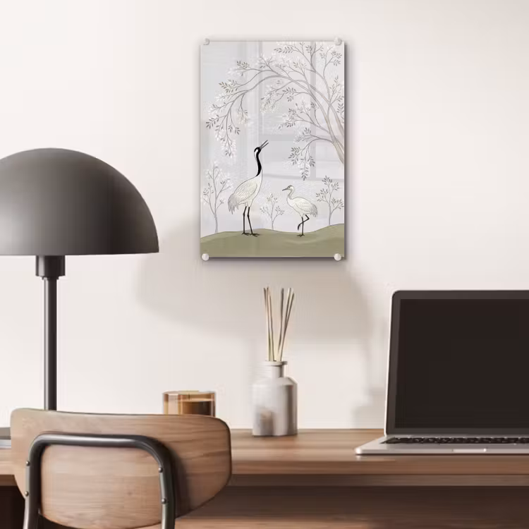 Glas schilderij - Minimalistisch - Kraanvogels - Blauw — 7