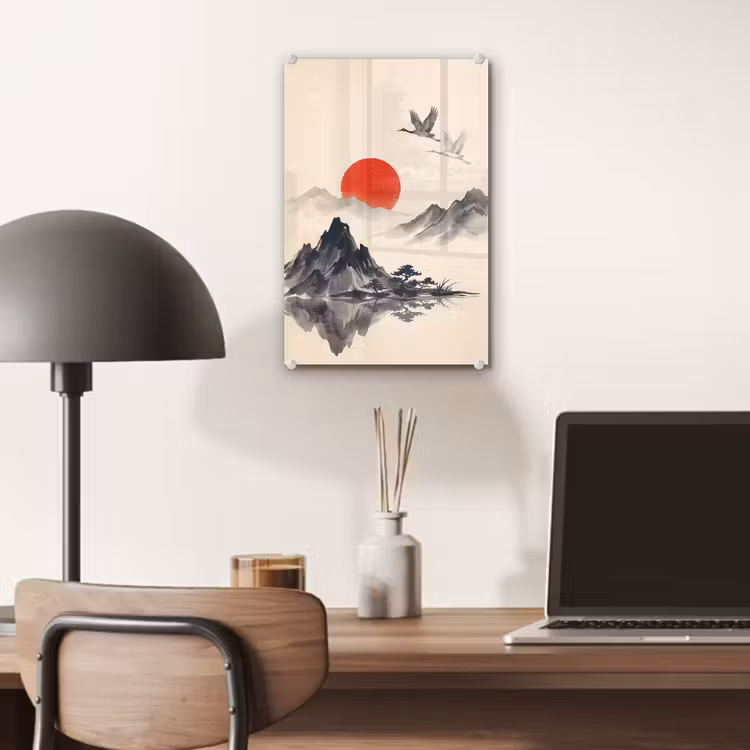 Glas schilderij - Oosters - Kraanvogels - Landschap — 7