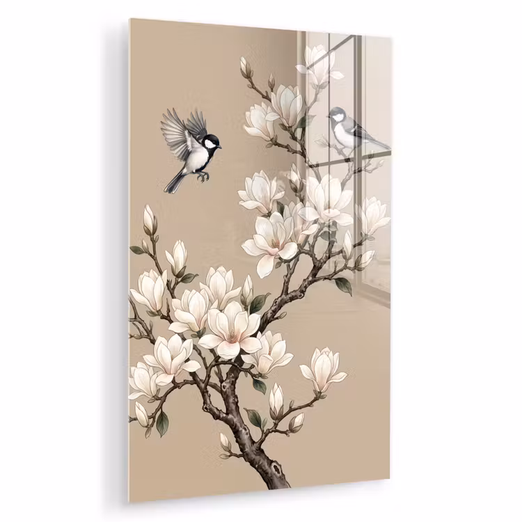 Glas schilderij - Oosters - Vogels - Beige — 1