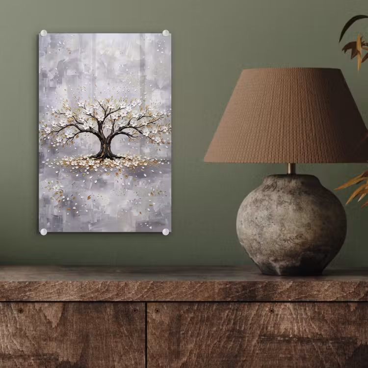Glas schilderij - Boom - Bloemen - Natuur - Abstract - Wit — 4