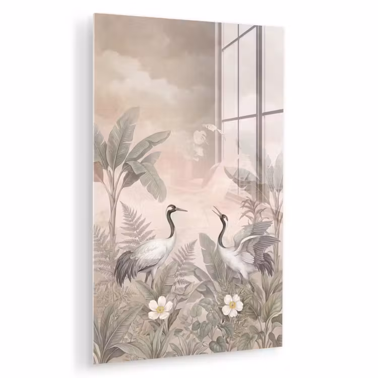 Glas schilderij - Kraanvogels - Natuur - Roze — 1