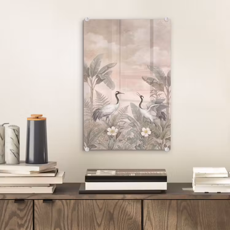 Glas schilderij - Kraanvogels - Natuur - Roze — 2