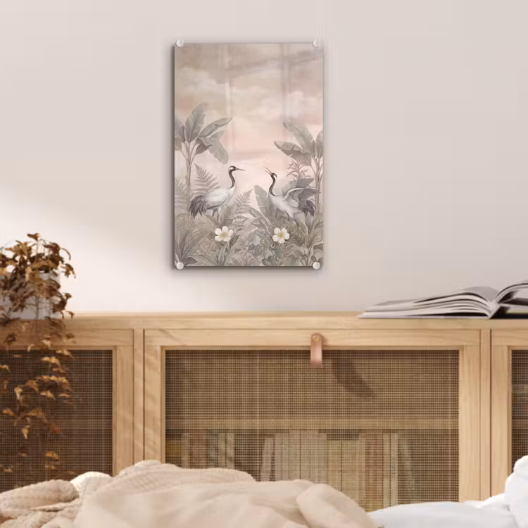 Glas schilderij - Kraanvogels - Natuur - Roze — 5