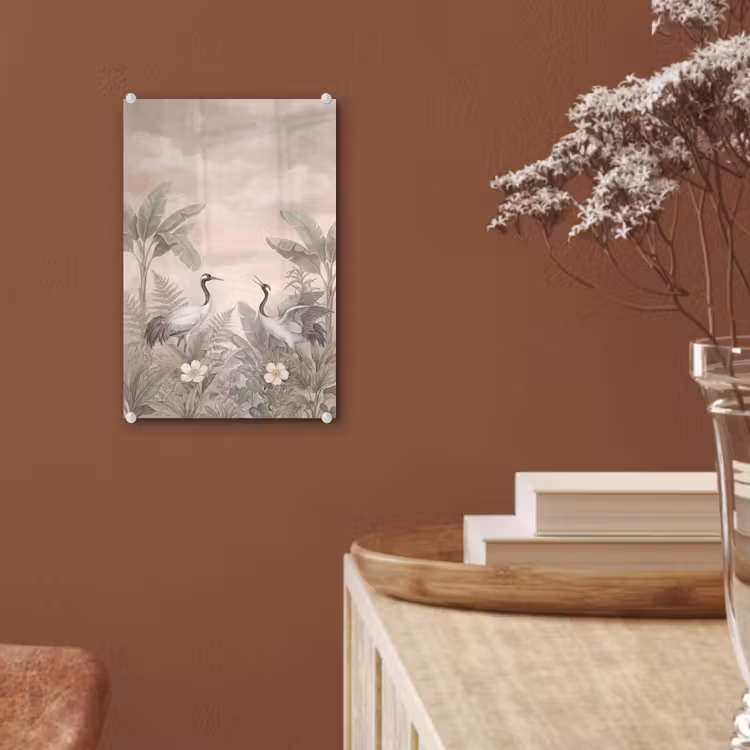 Glas schilderij - Kraanvogels - Natuur - Roze — 6