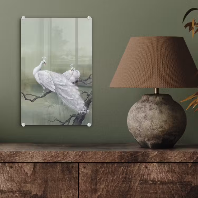Glas schilderij - Pauwen - Wit - Natuur - Groen — 4
