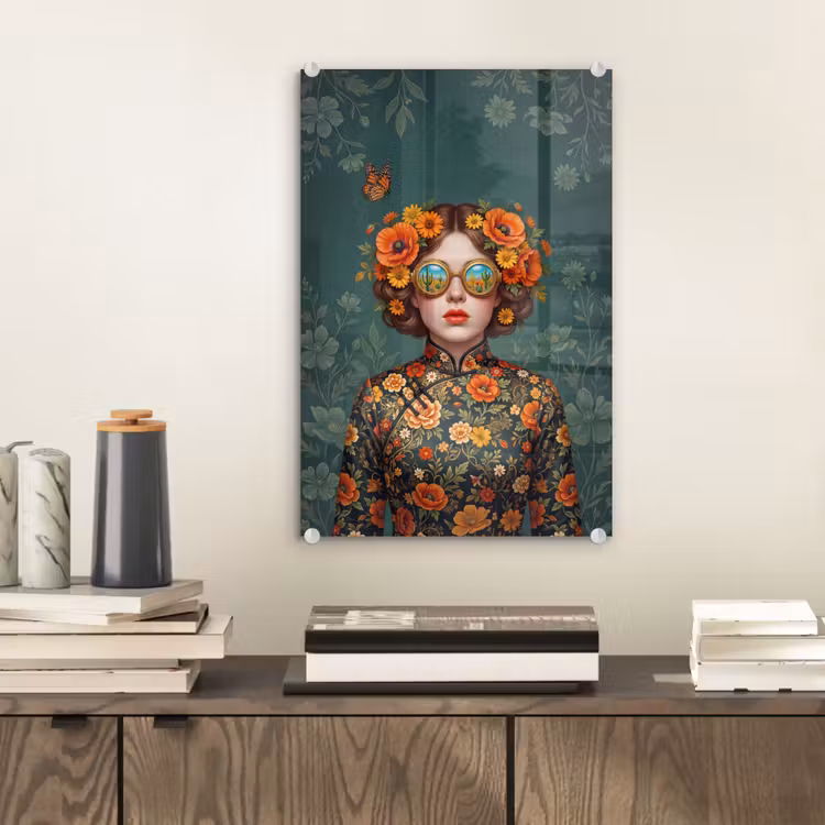 Glas schilderij - Portret - Vrouw - Kleurrijk - Expressief — 2