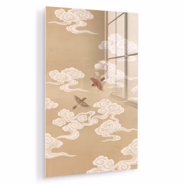 Glas schilderij - Vogels - Vliegen - Beige — 1