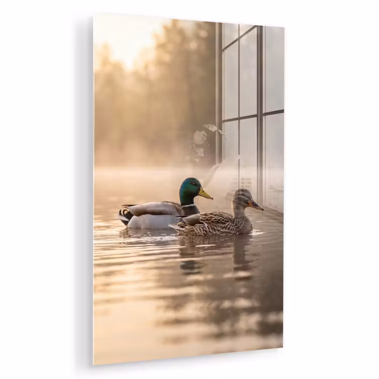 Glas schilderij - Eenden - Water - Mist - Natuur — 1