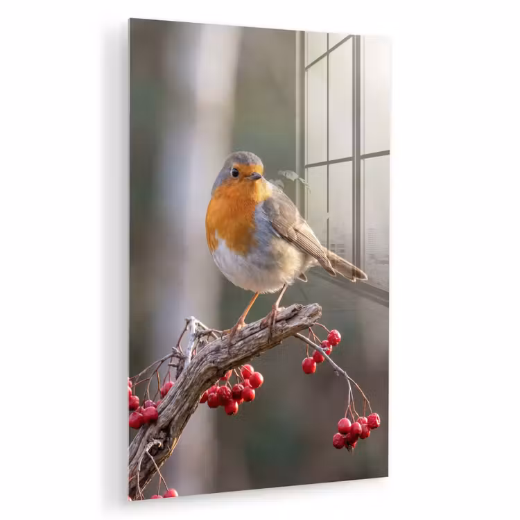 Glas schilderij - Roodborst - Tak - Bessen - Natuur — 1