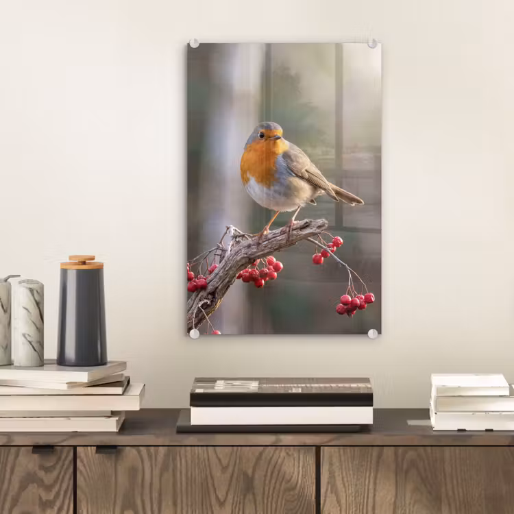 Glas schilderij - Roodborst - Tak - Bessen - Natuur — 2