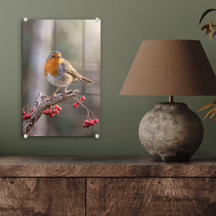 Glas schilderij - Roodborst - Tak - Bessen - Natuur — 4