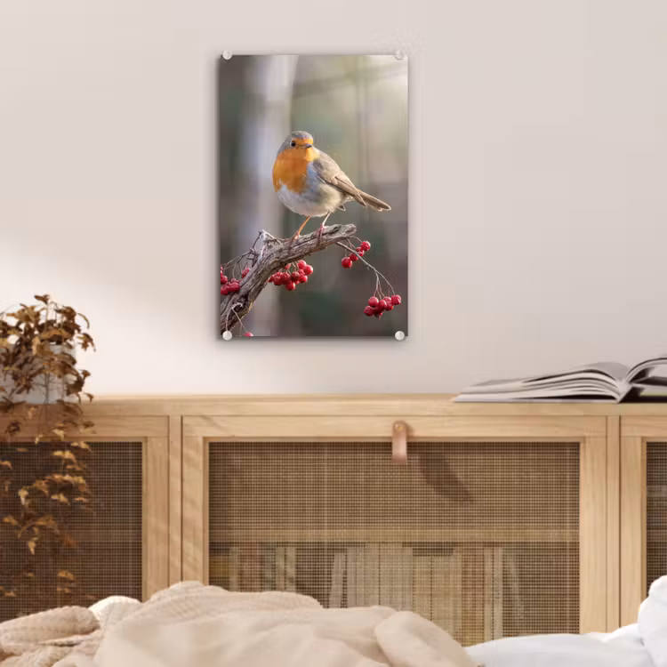Glas schilderij - Roodborst - Tak - Bessen - Natuur — 5
