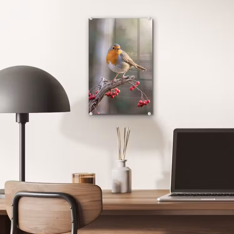 Glas schilderij - Roodborst - Tak - Bessen - Natuur — 7