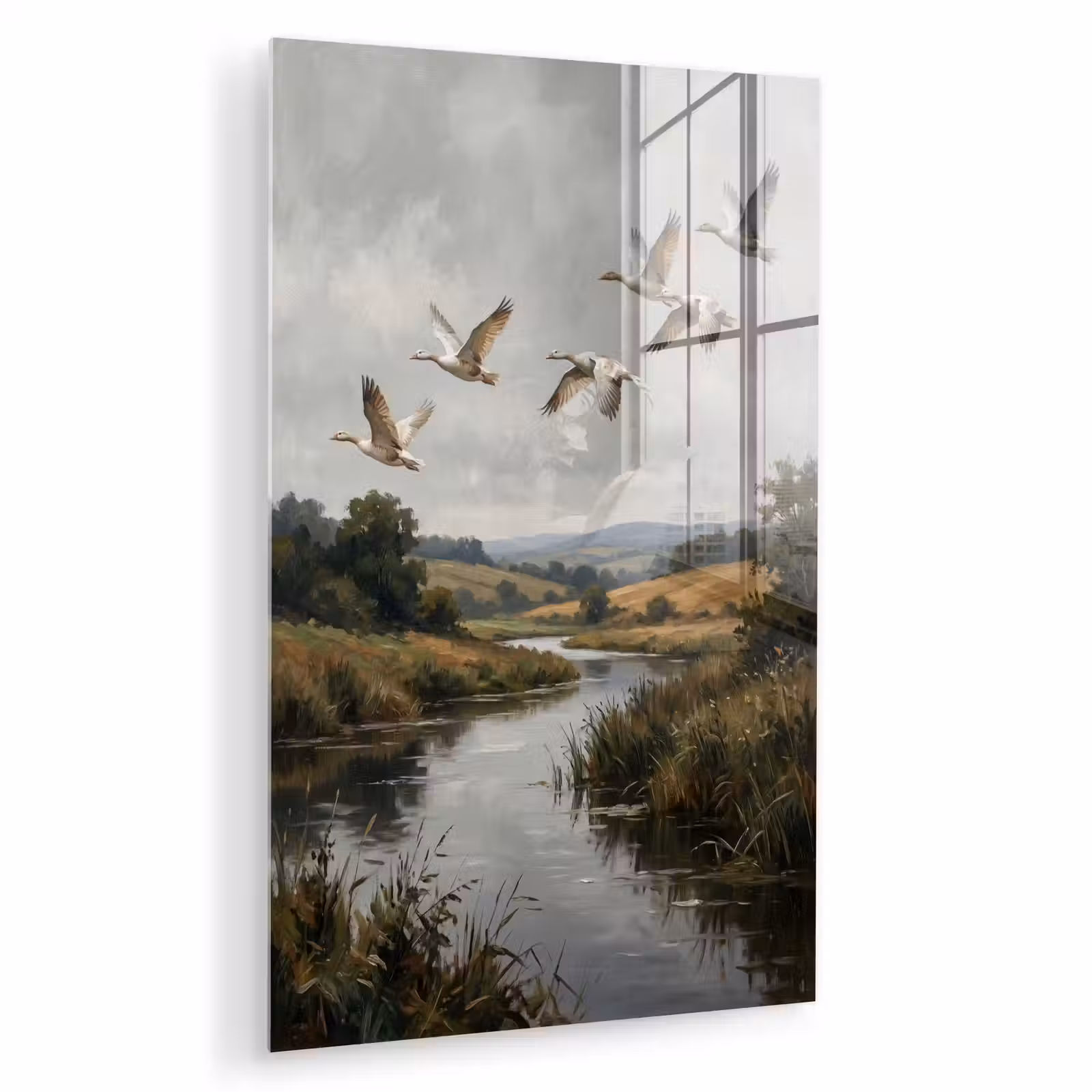 Glas schilderij - Eenden - Rivier - Landschap - Vlucht - Nostalgisch — 1