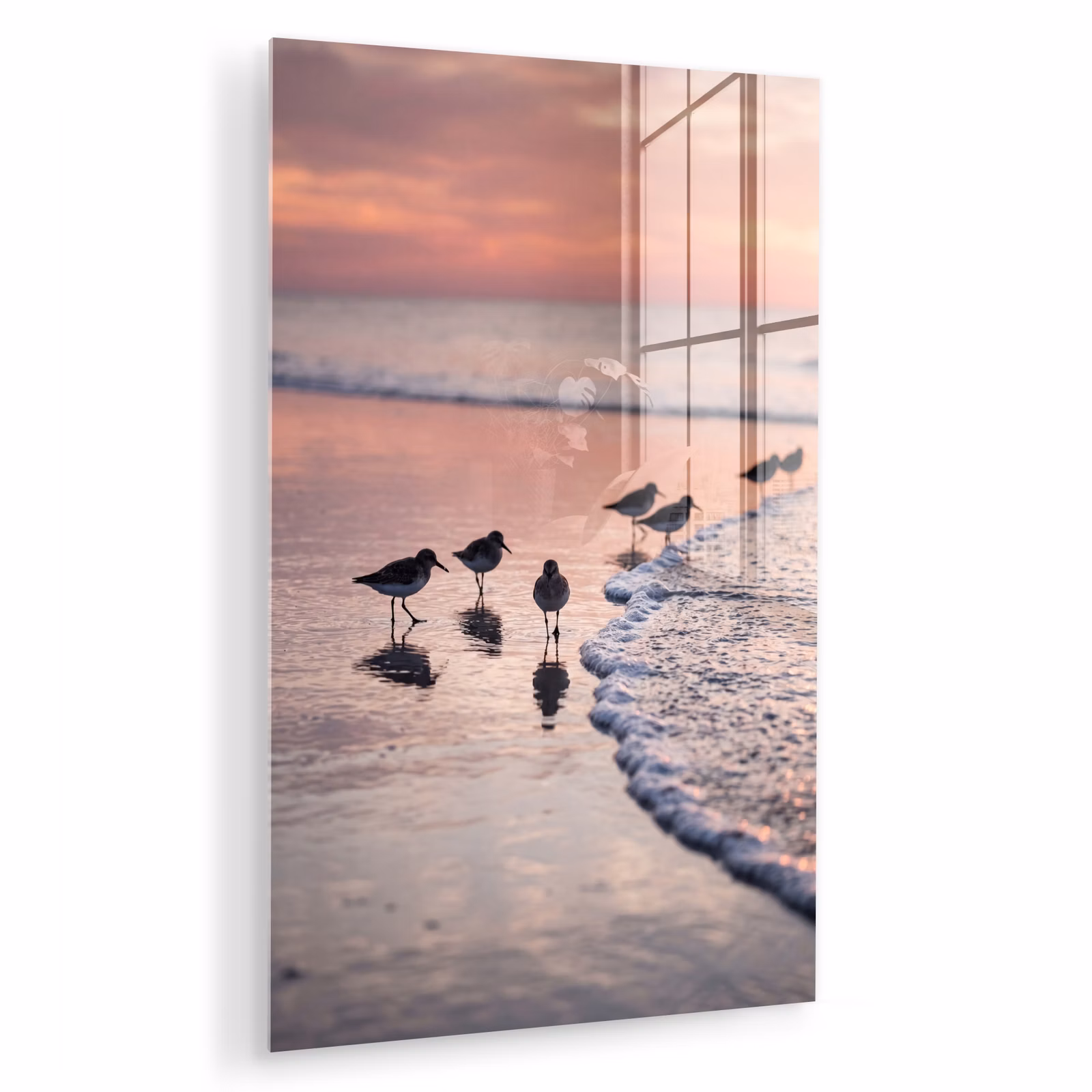 Glas schilderij - Meeuwen - Strand - Zee - Roze — 1