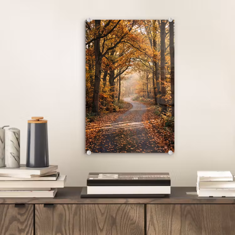 Glas schilderij - Bospad - Herfstbos - Bladeren - Oranje - Nostalgisch — 2