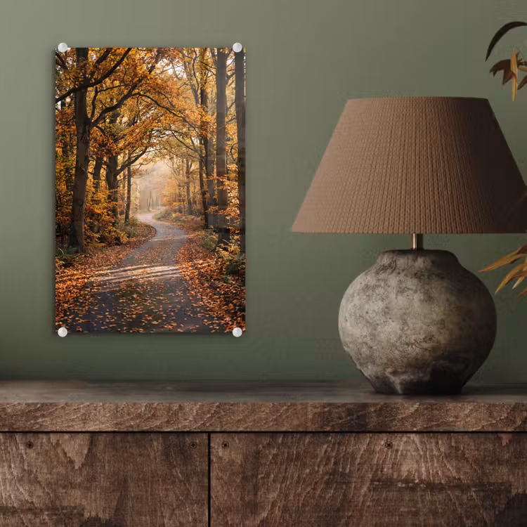 Glas schilderij - Bospad - Herfstbos - Bladeren - Oranje - Nostalgisch — 4