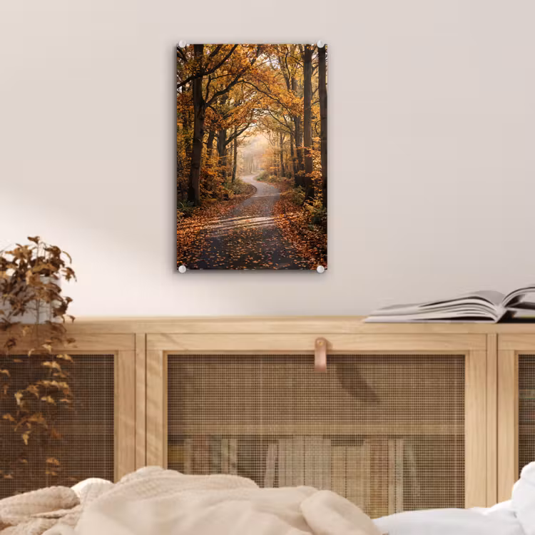 Glas schilderij - Bospad - Herfstbos - Bladeren - Oranje - Nostalgisch — 5