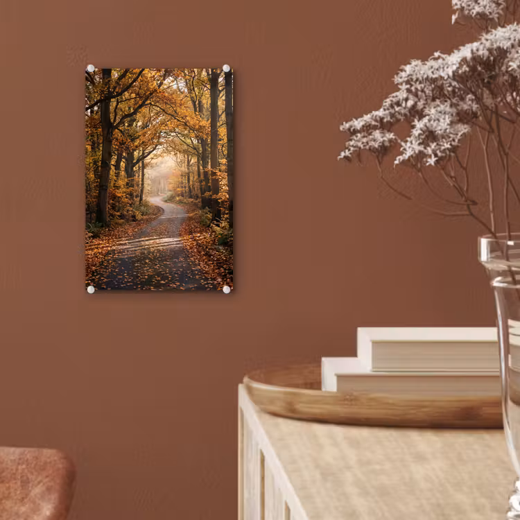 Glas schilderij - Bospad - Herfstbos - Bladeren - Oranje - Nostalgisch — 6
