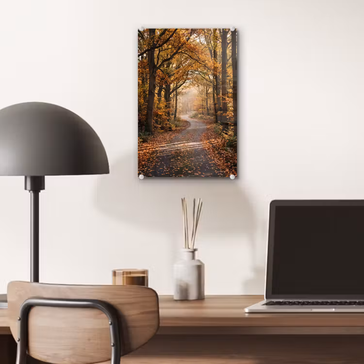 Glas schilderij - Bospad - Herfstbos - Bladeren - Oranje - Nostalgisch — 7