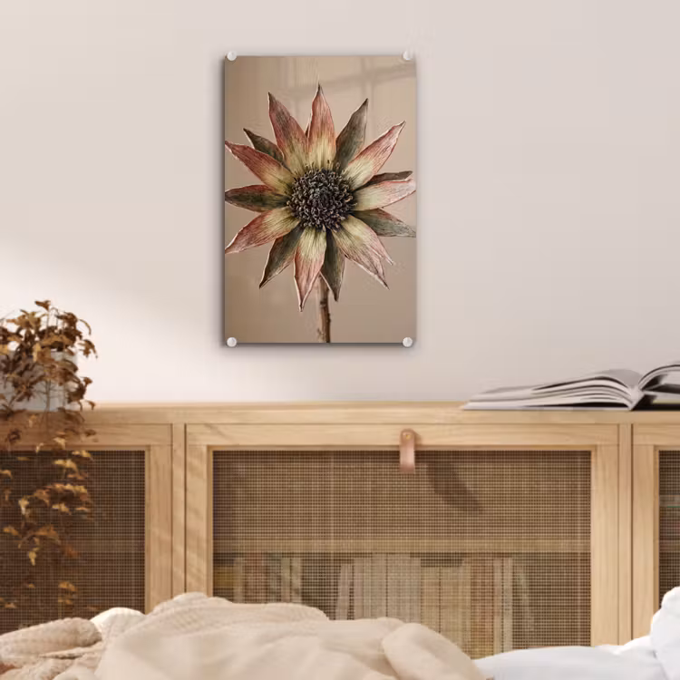 Glas schilderij - Droogbloem - Protea - Vintage - Beige - Rustiek — 5