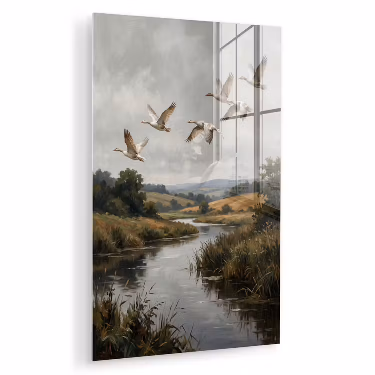 Glas schilderij - Eenden - Rivier - Landschap - Vlucht - Nostalgisch — 1