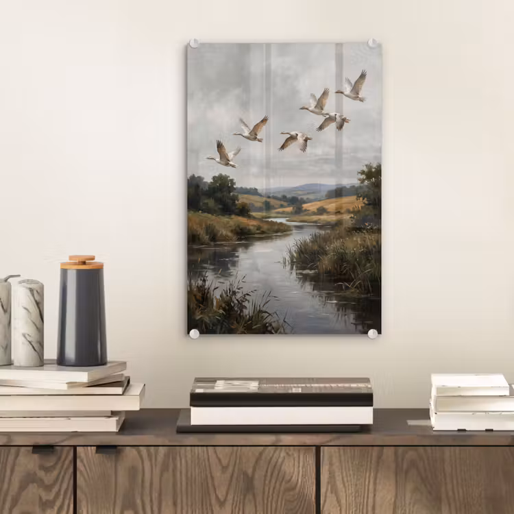 Glas schilderij - Eenden - Rivier - Landschap - Vlucht - Nostalgisch — 2