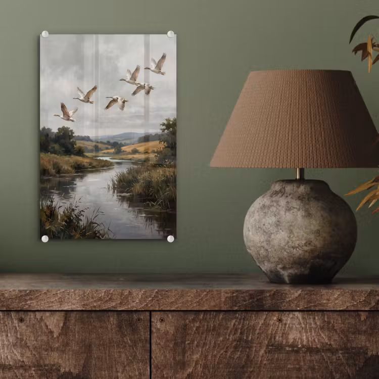 Glas schilderij - Eenden - Rivier - Landschap - Vlucht - Nostalgisch — 4