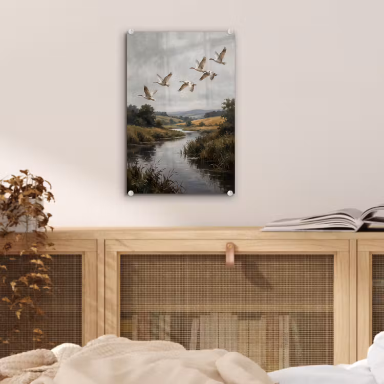 Glas schilderij - Eenden - Rivier - Landschap - Vlucht - Nostalgisch — 5