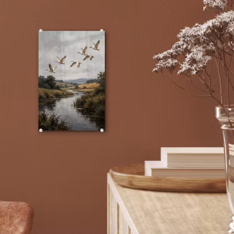 Glas schilderij - Eenden - Rivier - Landschap - Vlucht - Nostalgisch — 6