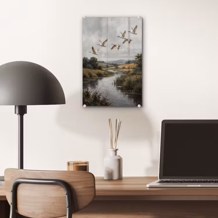 Glas schilderij - Eenden - Rivier - Landschap - Vlucht - Nostalgisch — 7