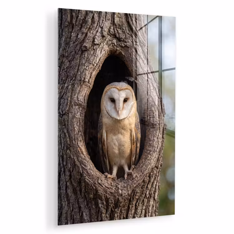 Glas schilderij - Kerkuil - Boom - Natuur - Bruin — 1