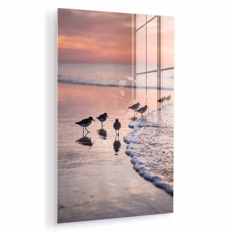 Glas schilderij - Meeuwen - Strand - Zee - Roze — 1