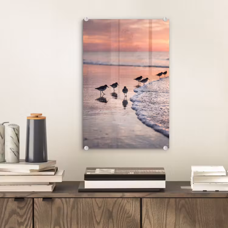 Glas schilderij - Meeuwen - Strand - Zee - Roze — 2