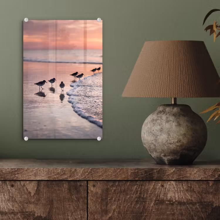 Glas schilderij - Meeuwen - Strand - Zee - Roze — 4