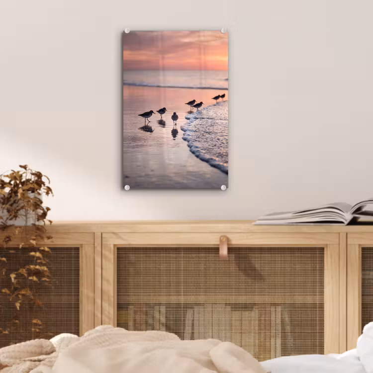 Glas schilderij - Meeuwen - Strand - Zee - Roze — 5
