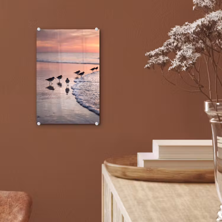 Glas schilderij - Meeuwen - Strand - Zee - Roze — 6