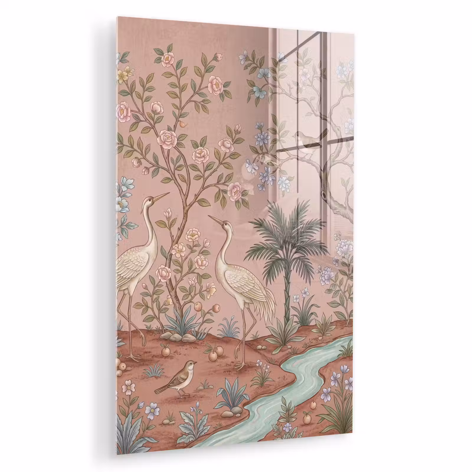 Glas schilderij - Nostalgisch - Reigers - Roze — 1