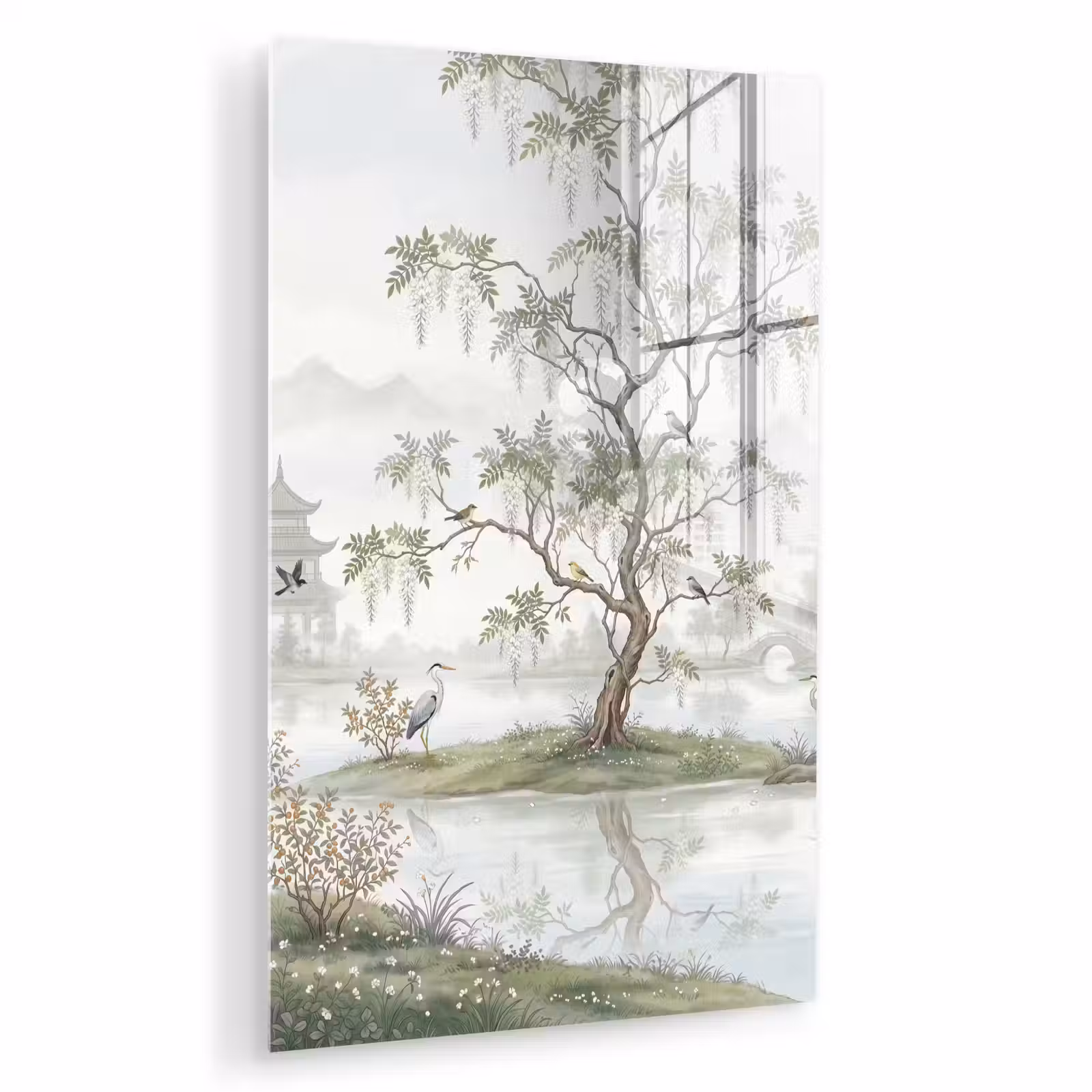 Glas schilderij - Reiger - Landschap - Groen — 1