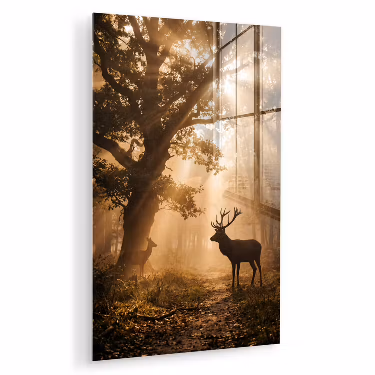 Glas schilderij - Hert - Bos - Mistig - Natuur - Goud — 1