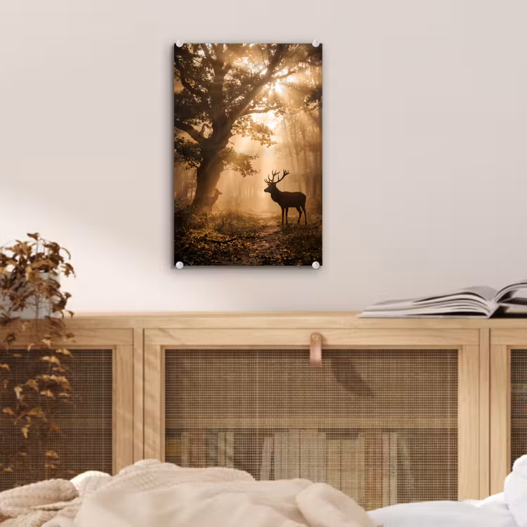Glas schilderij - Hert - Bos - Mistig - Natuur - Goud — 5