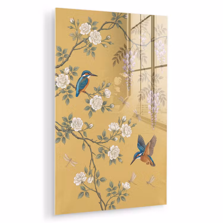 Glas schilderij - IJsvogels - Bloesem - Geel — 1