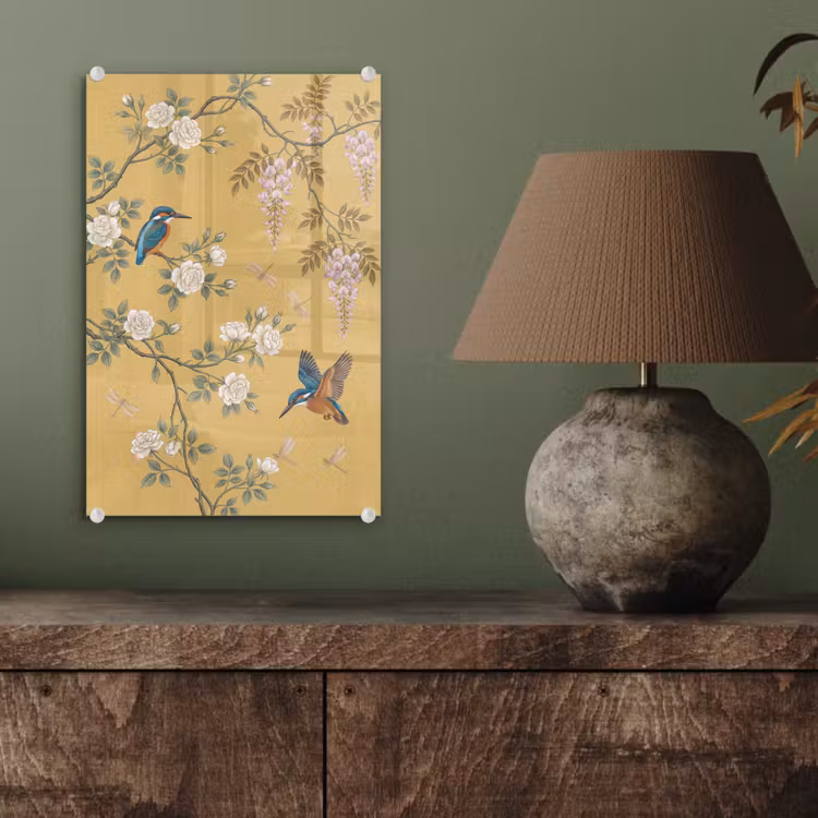 Glas schilderij - IJsvogels - Bloesem - Geel — 4
